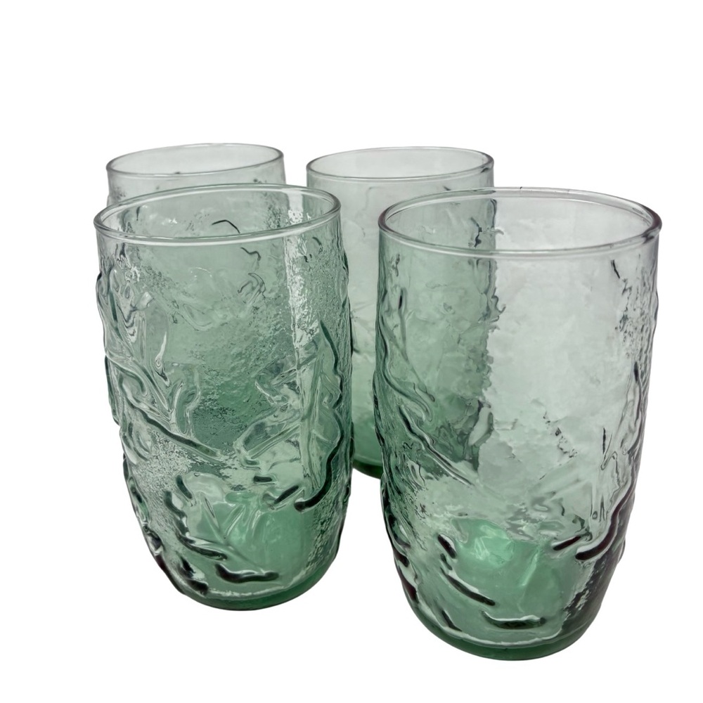 Anchor Hocking Vintage Sherwood Green Embossed Oak Leaf Acorn Tumbler Glasses 4